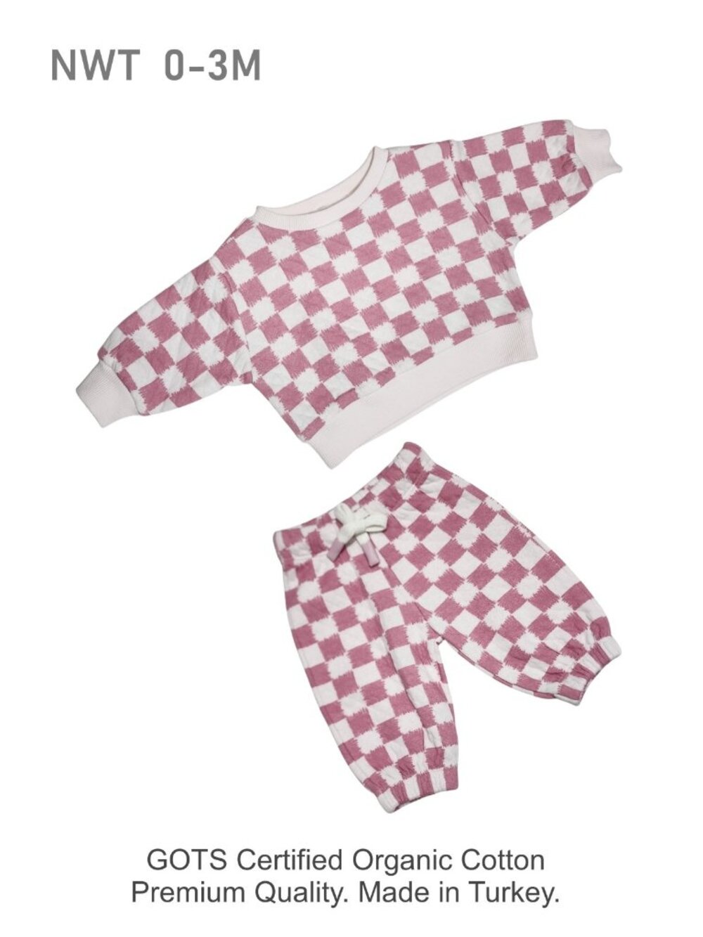NWT - ANTEBIES Pink Checks Top & Pants Matching Set - Baby Size 0-3m